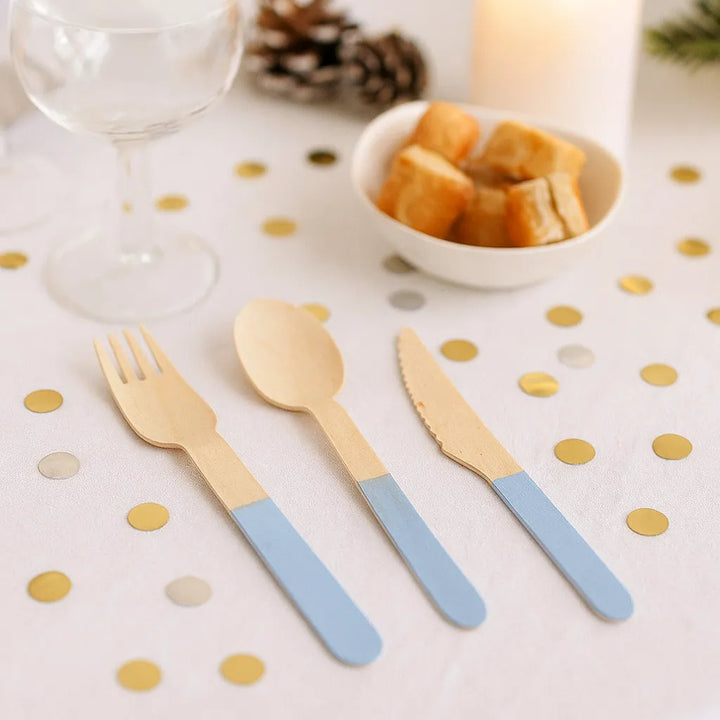 Couverts Jetables en Bois Bleu Pastel1