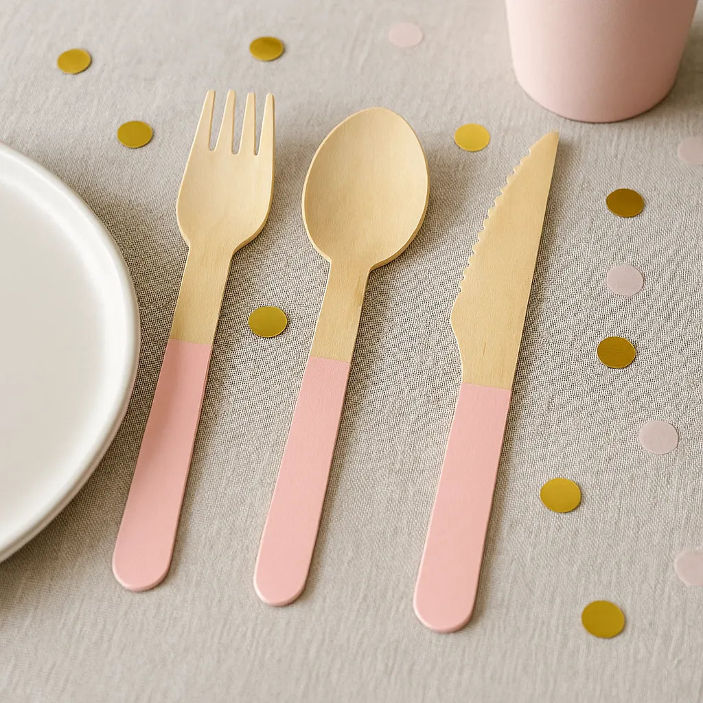 Couverts Jetables en Bois Rose Pastel1