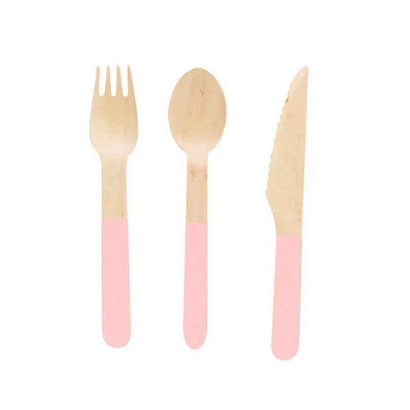 Couverts Jetables en Bois Rose Pastel