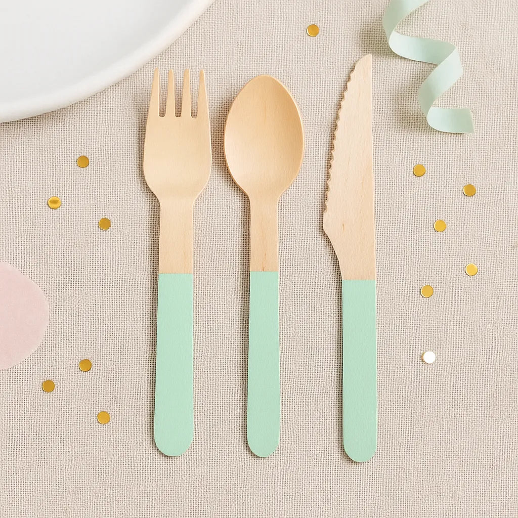 Couverts Jetables en Bois Vert Pastel1