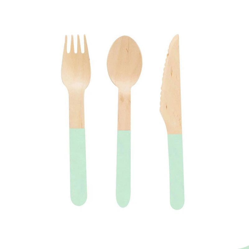 Couverts Jetables en Bois Vert Pastel