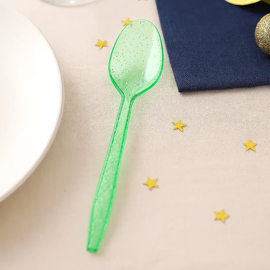 Cuillères Jetables Vertes Pailletées 1
