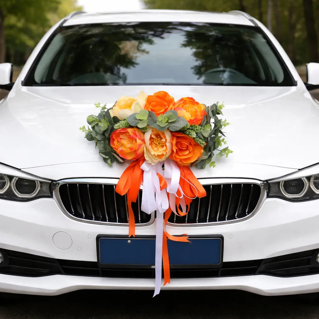 Déco Florale Orange Capot Voiture Mariage