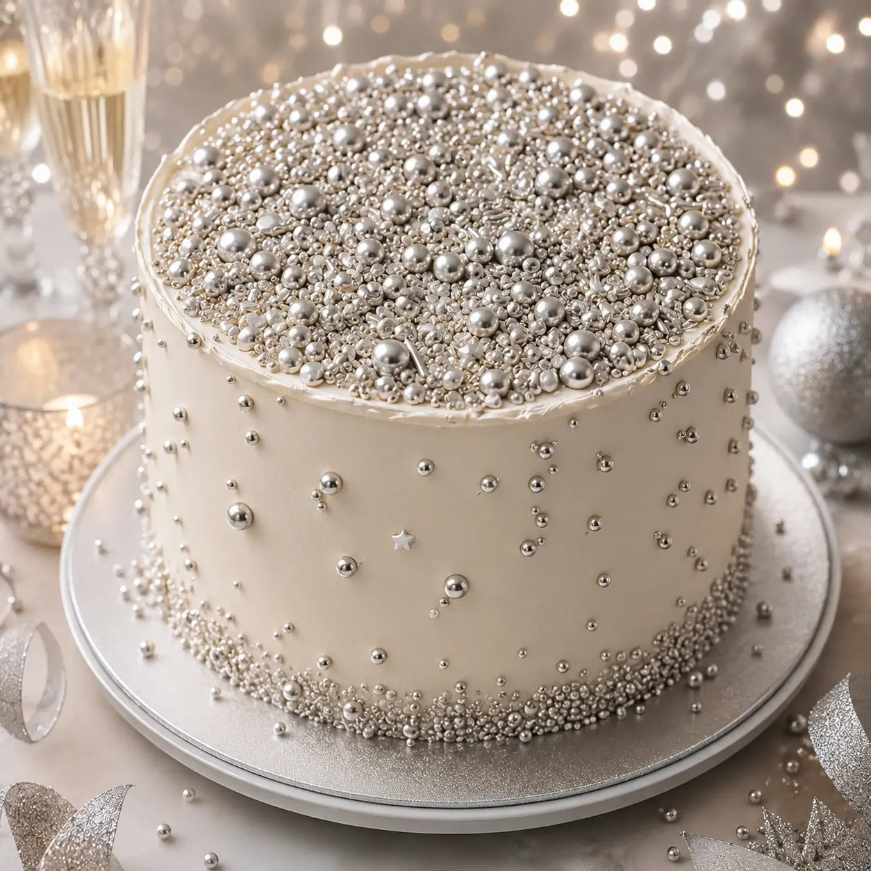 Déco Gâteau Argentée Comestible Festive