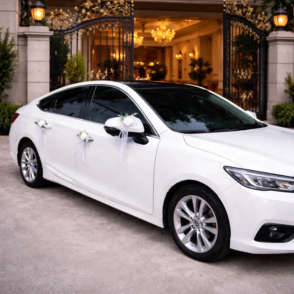 Décor Floral Blanc Voiture Mariage chic