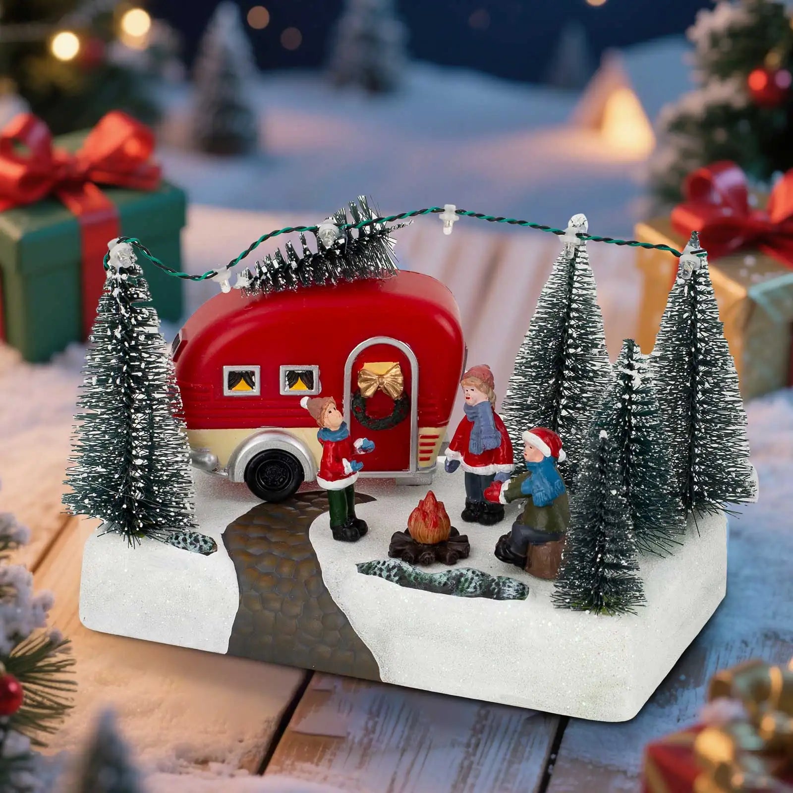 Décor Scène Camping-Car Hiver Lumineux en Résine 