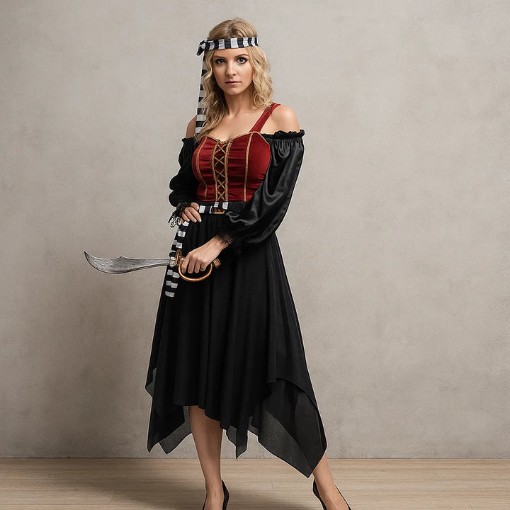 Déguisement Femme Pirate Noir et Rouge