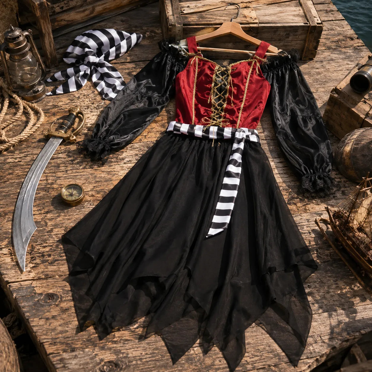 Déguisement Femme Pirate Noir et Rouge Gothique
