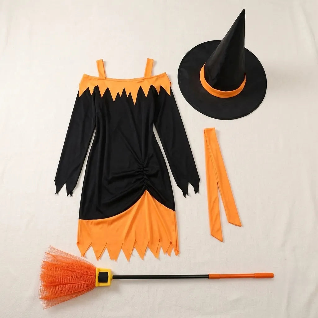 Déguisement Sorcière Orange et noir avec Chapeau Unique