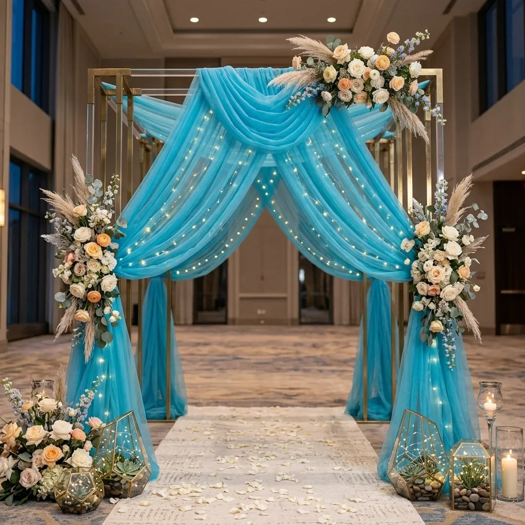 Drapé Arche Mariage Bleu en Organza Léger