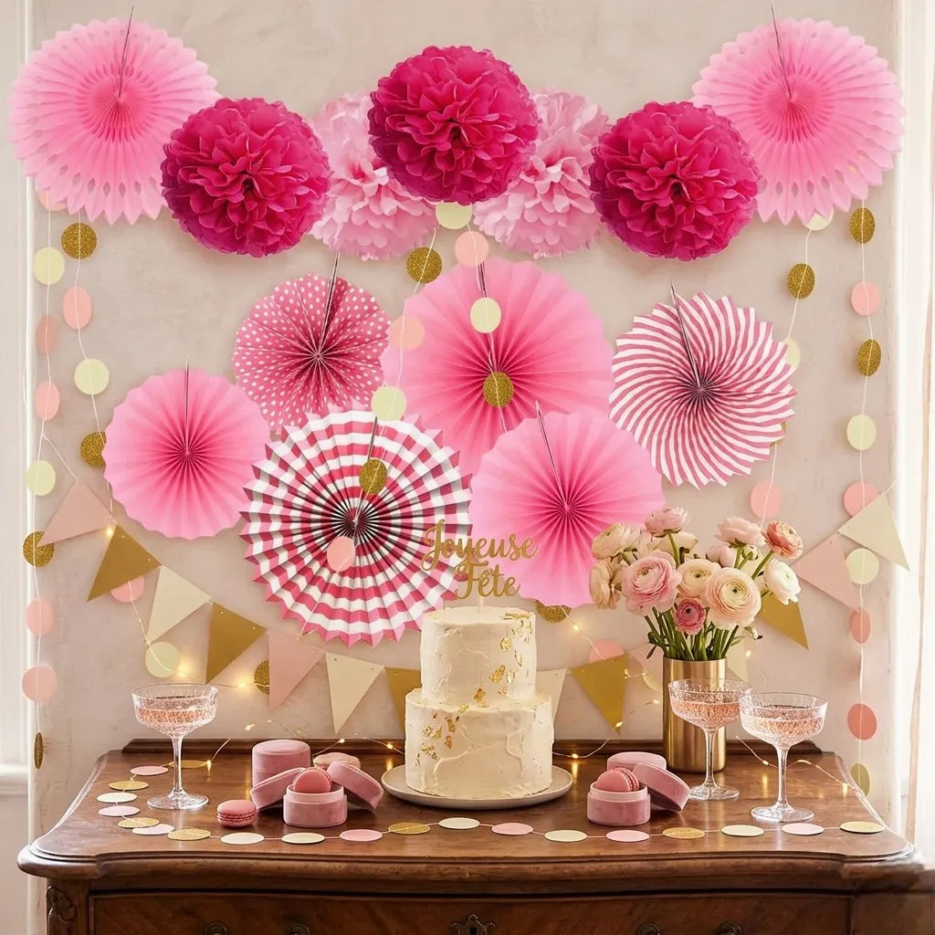 Ensemble d’Eventails et de Pompons Roses
