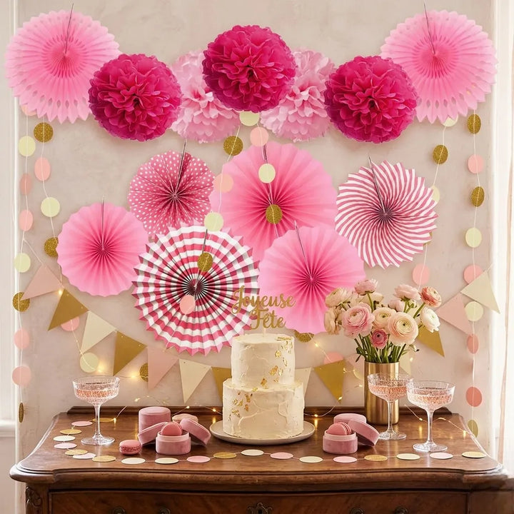 Ensemble d’Eventails et de Pompons Roses