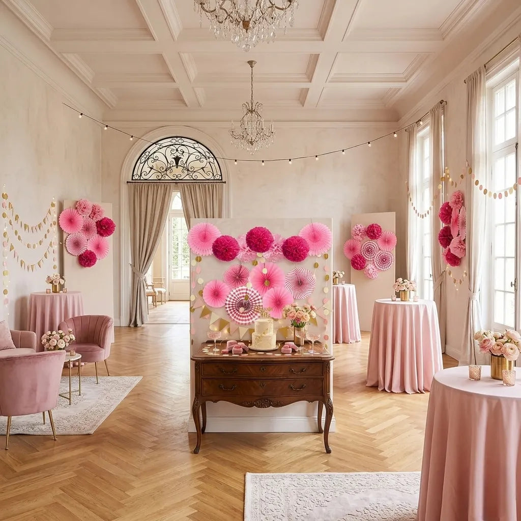 Ensemble d’Eventails et de Pompons Roses Festive