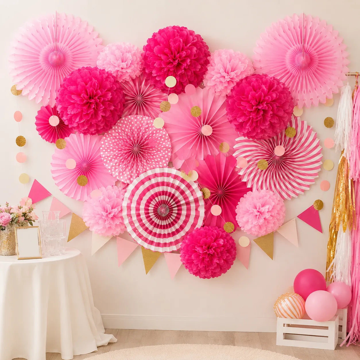 Ensemble d’Eventails et de Pompons Roses Moderne