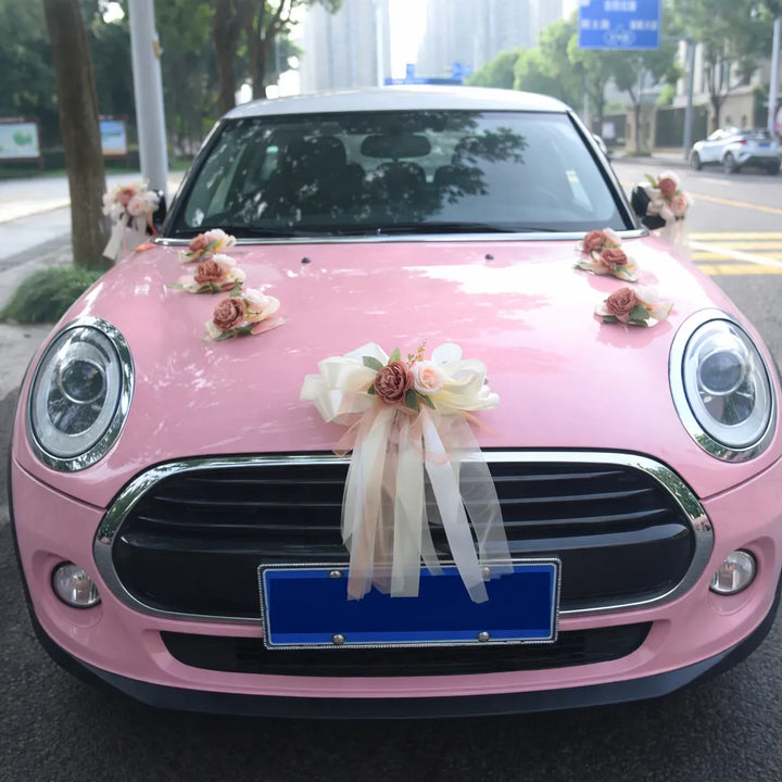 Ensemble de Déco Florale Rose Voiture Mariage