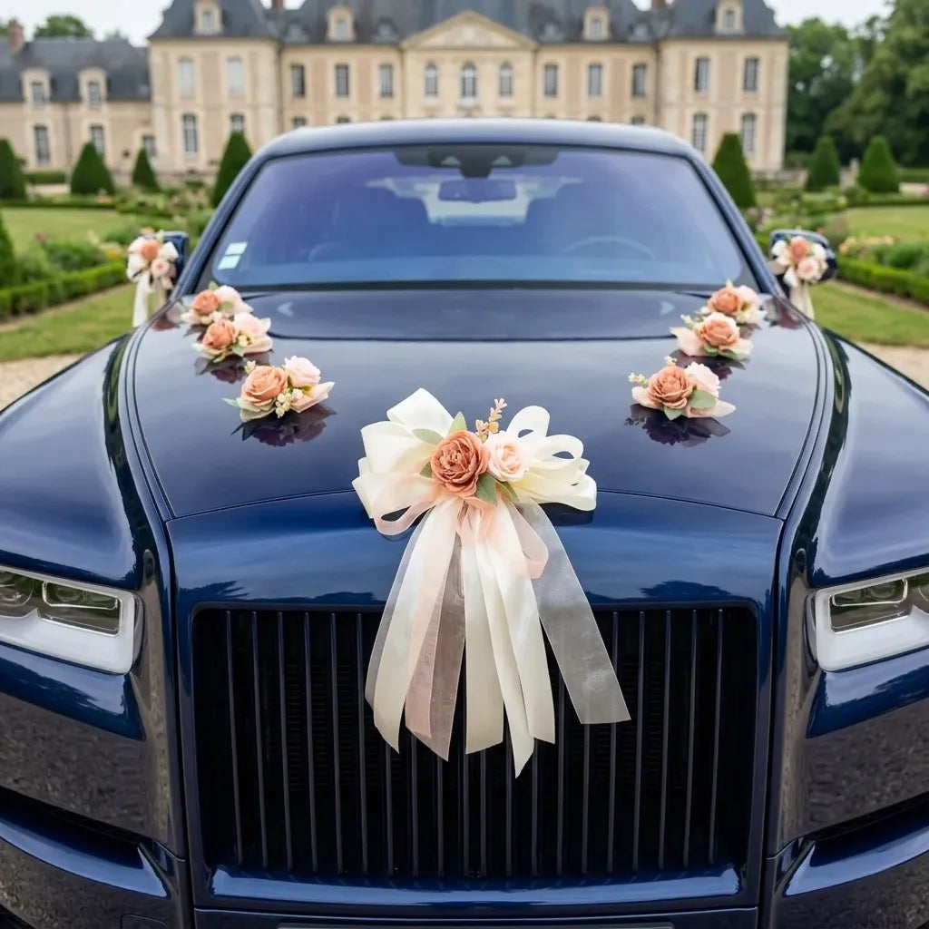 Ensemble de Déco Florale Rose Voiture Mariage Luxuriant