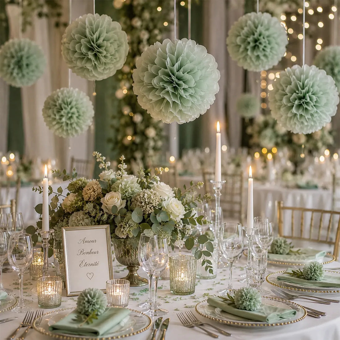 Ensemble de Pompons Décoratifs Vert Sauge élégants