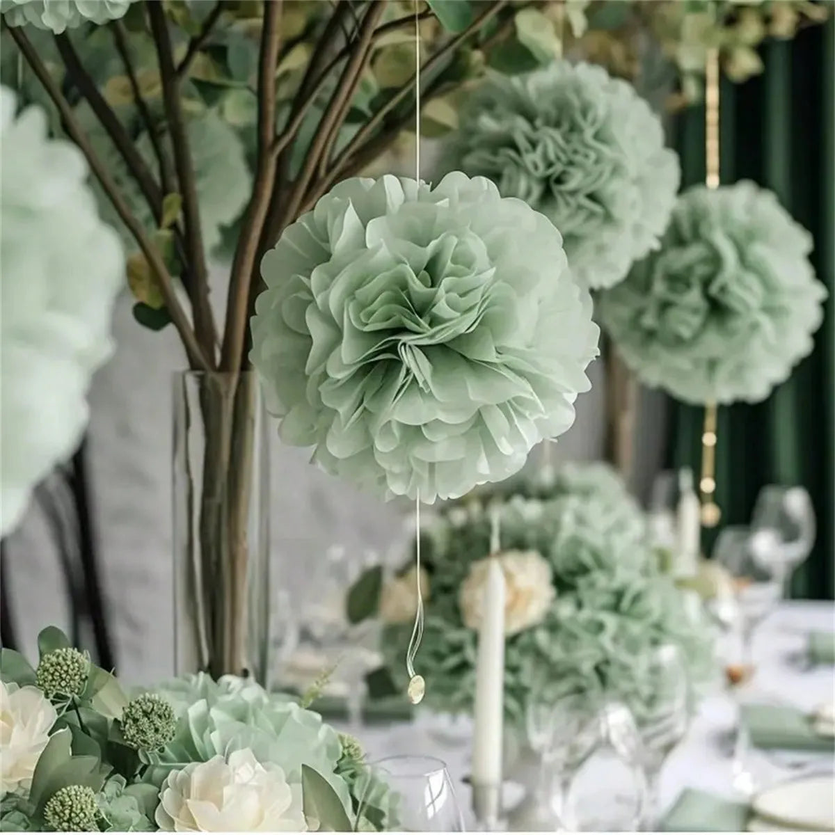Ensemble de Pompons Décoratifs Vert Sauge raffiné