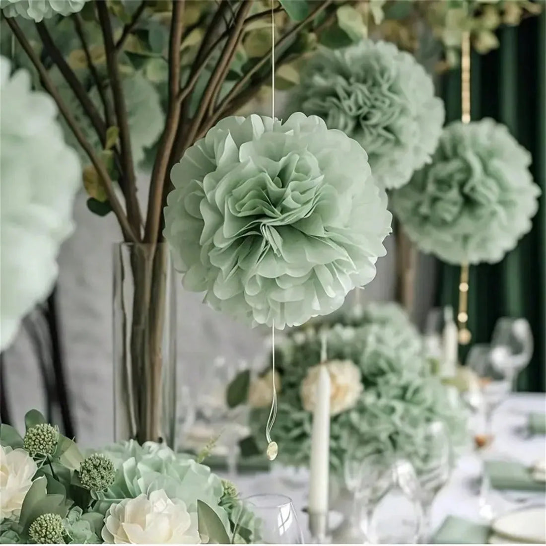 Ensemble de Pompons Décoratifs Vert Sauge raffiné