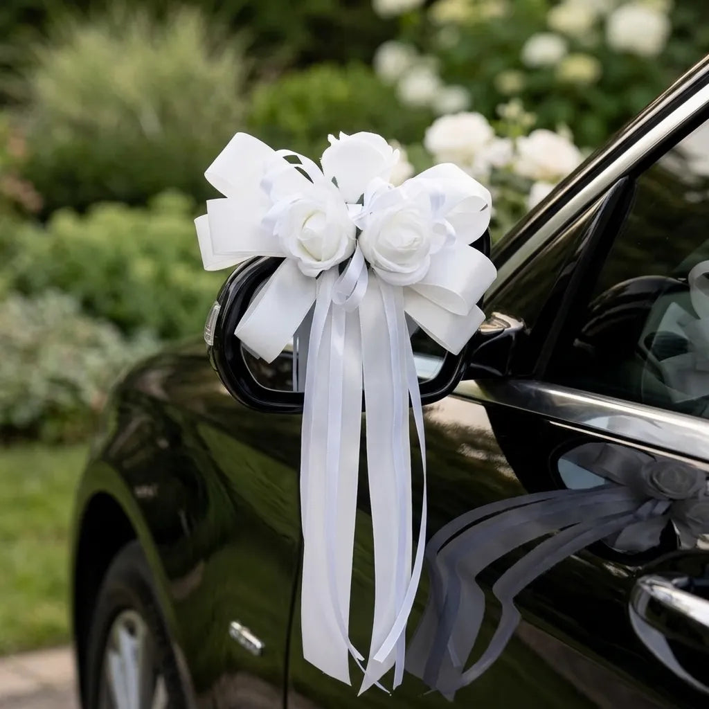 Fleurs Artificielles Blanches à Nœud Voiture Mariage Luxuriant