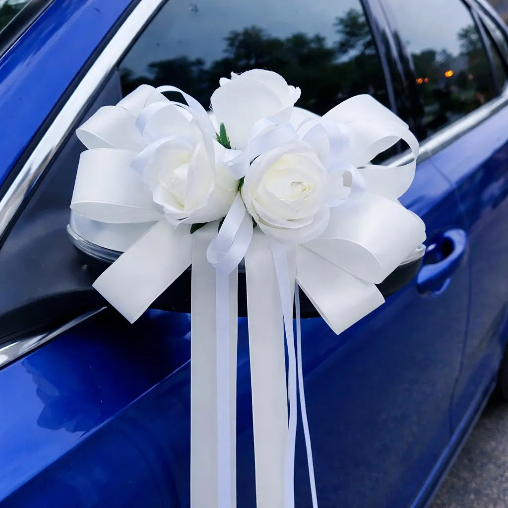 Fleurs Artificielles Blanches à Nœud Voiture Mariage Unique