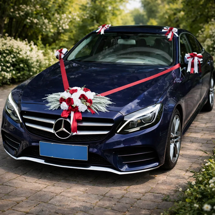 Fleurs Blanches et Rouges pour Voiture Mariage