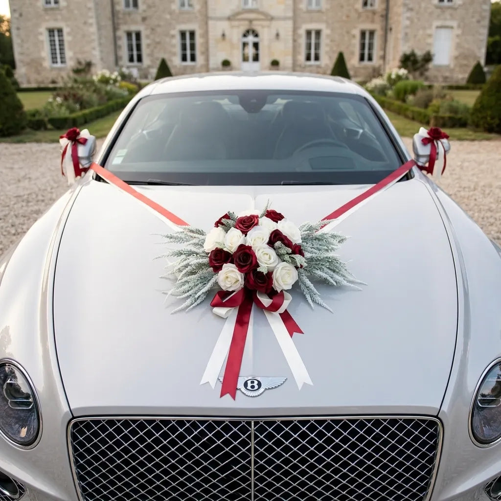 Fleurs Blanches et Rouges pour Voiture Mariage Majestueux