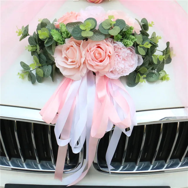 Fleurs Roses à Feuillages Voiture Mariage chic