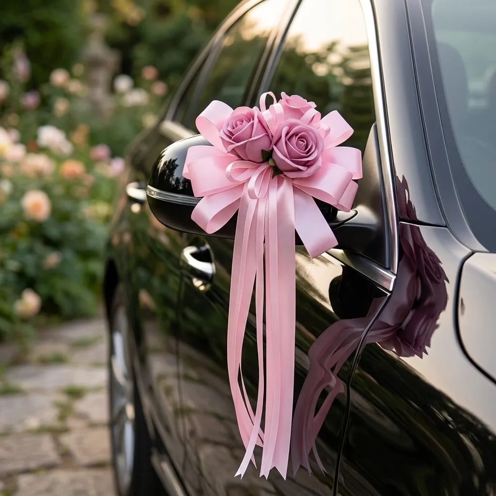 Fleurs Roses à Nœud Déco Voiture Mariage Somptueux