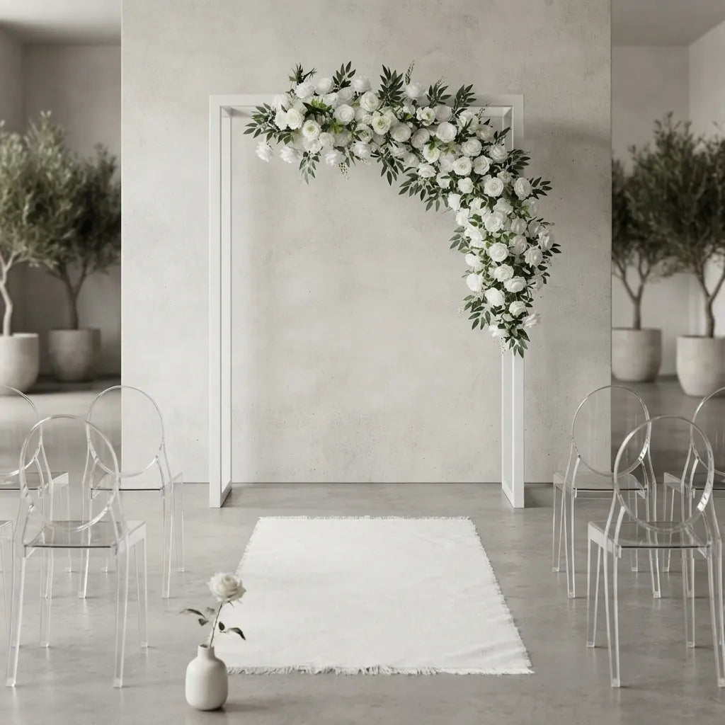 Fleurs de Roses Blanches à Feuillages Arche Mariage Minimaliste