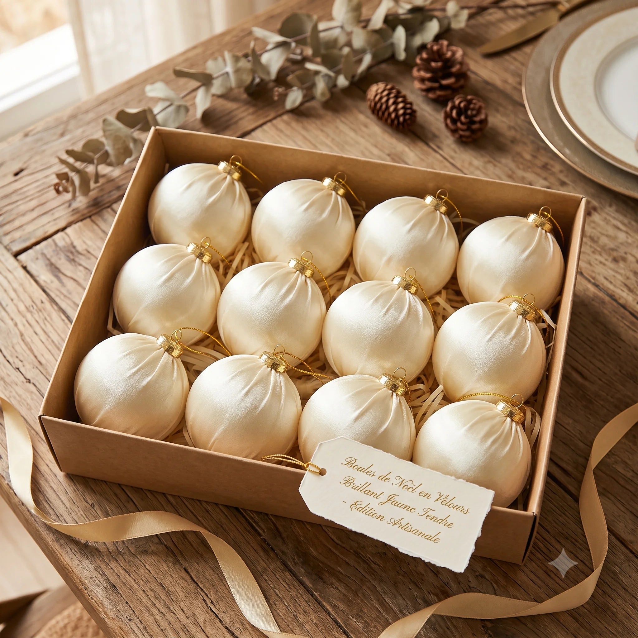 Boules de Noël en Velours Brillant Jaune Tendre