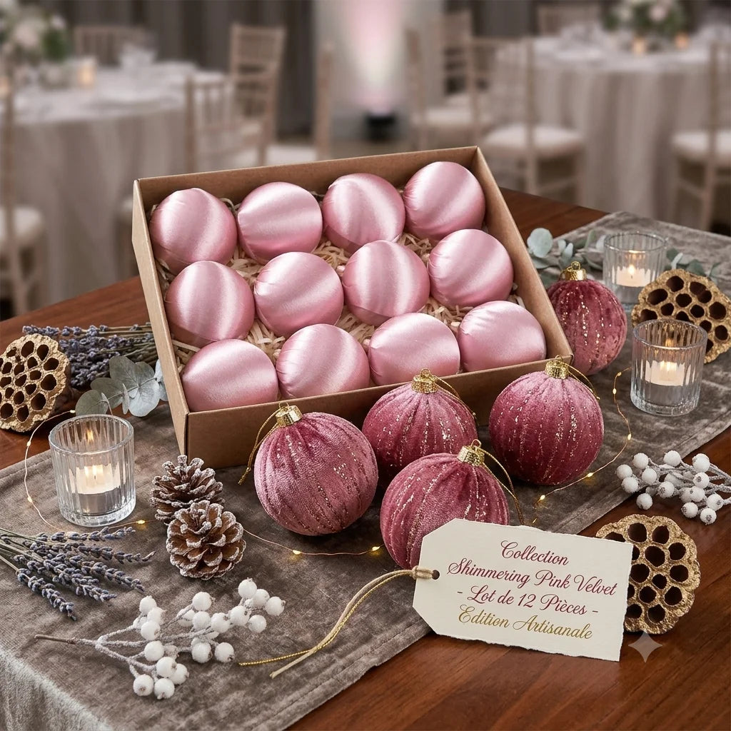 Boules de Noël en Velours Brillant Rose