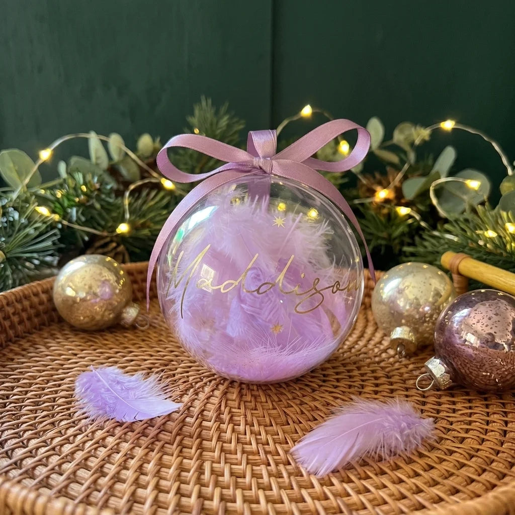 Boule Transparente à Plumes Violettes Personnalisable