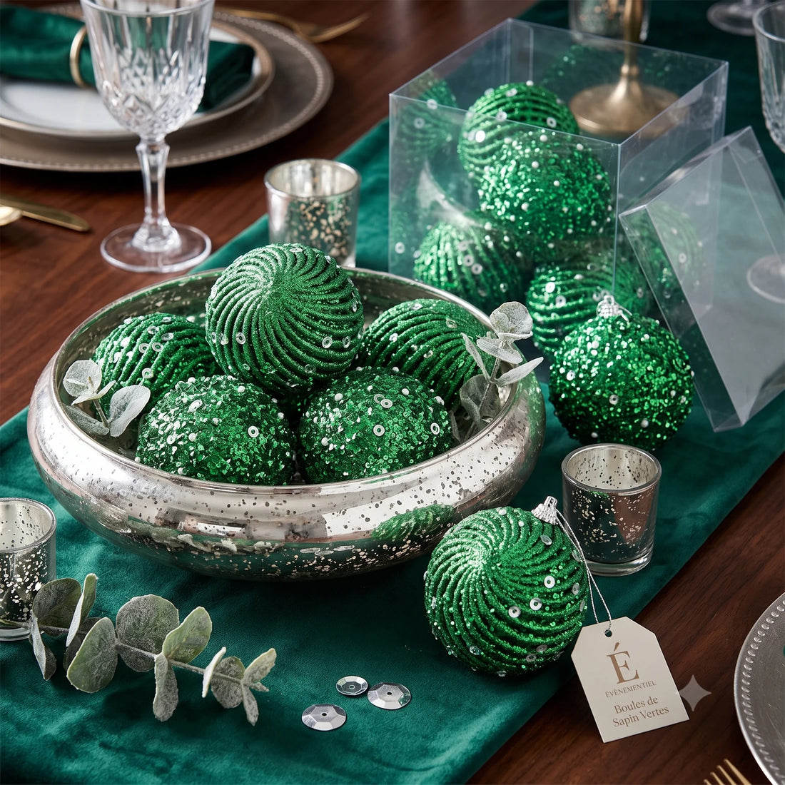 Boules de Sapin Vertes à Paillettes et à Sequins