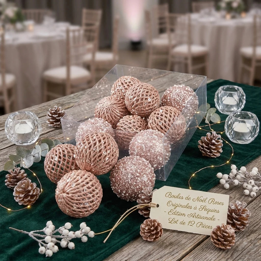 Boules de Noël Roses Originales à Sequins