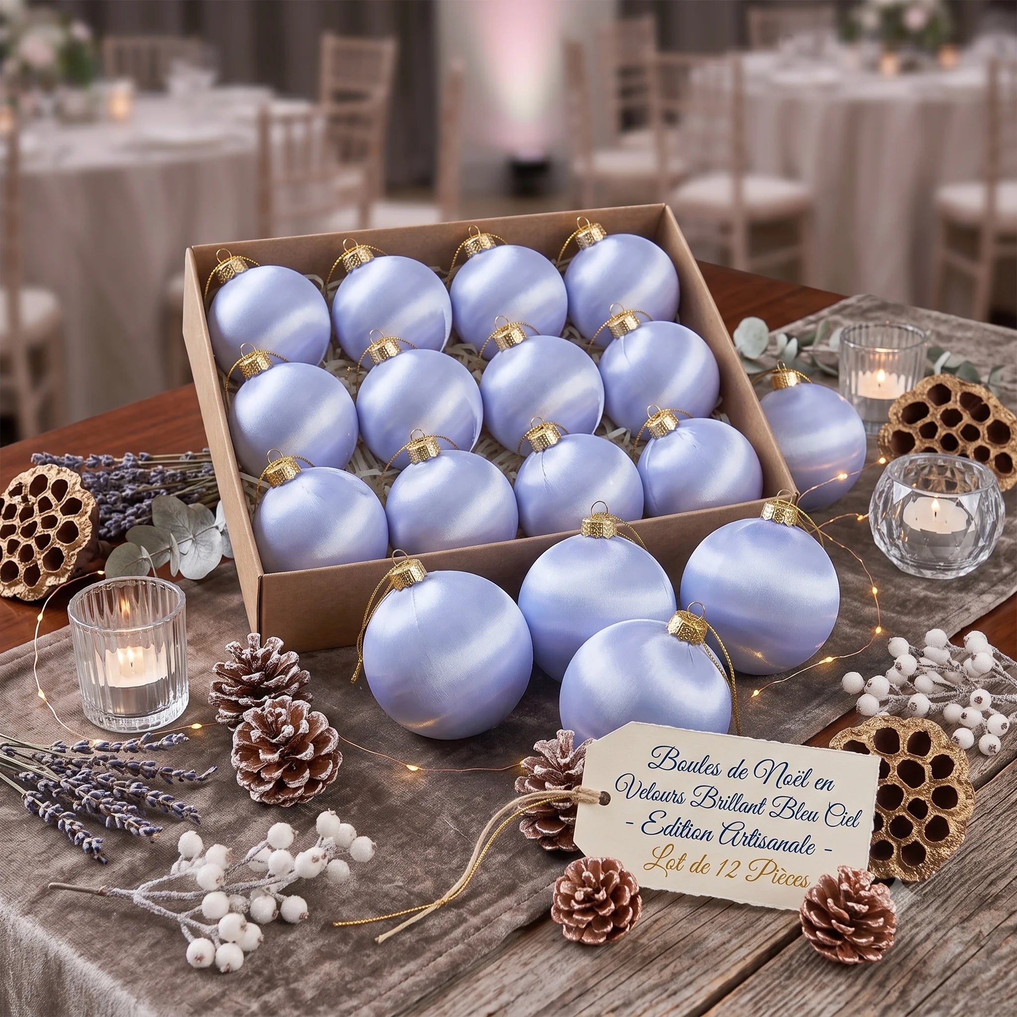 Boules de Noël en Velours Brillant Bleu Ciel