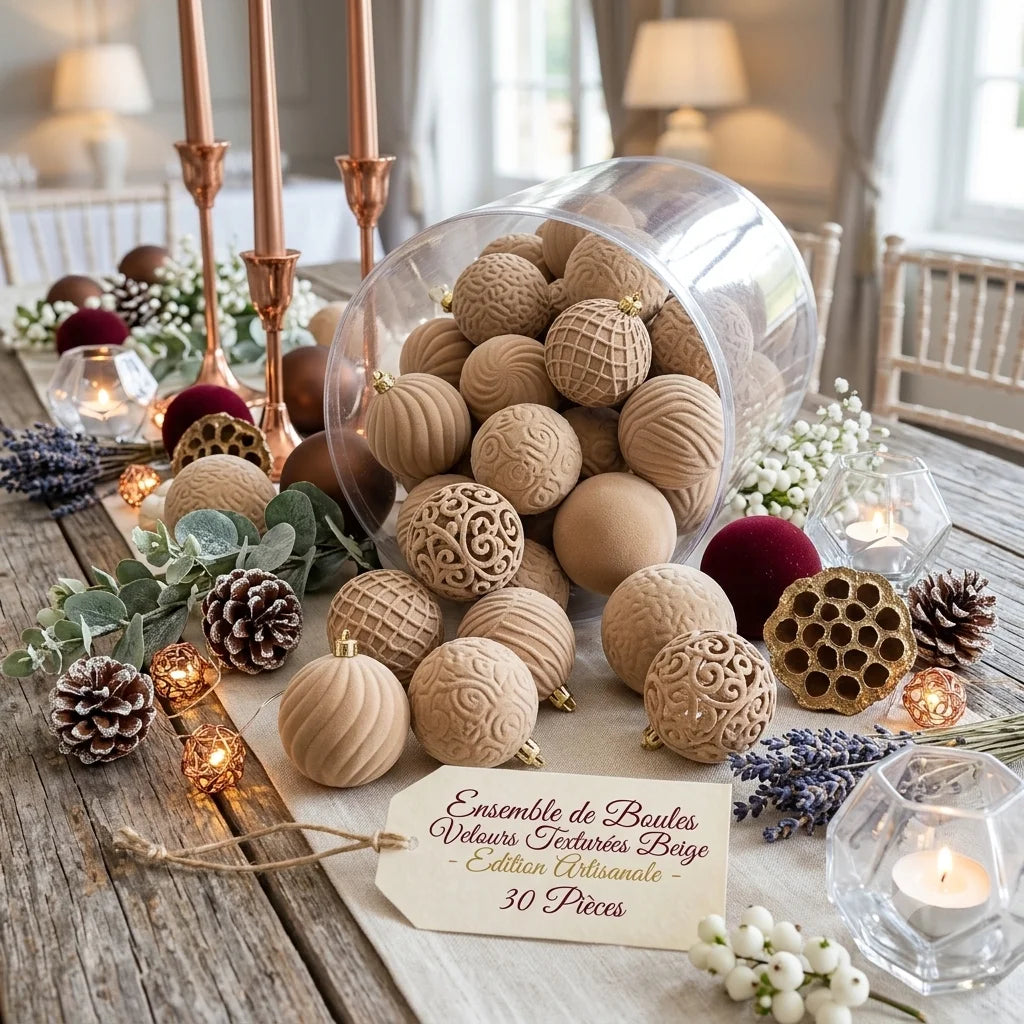 Ensemble de Boules Velours Texturées Beige