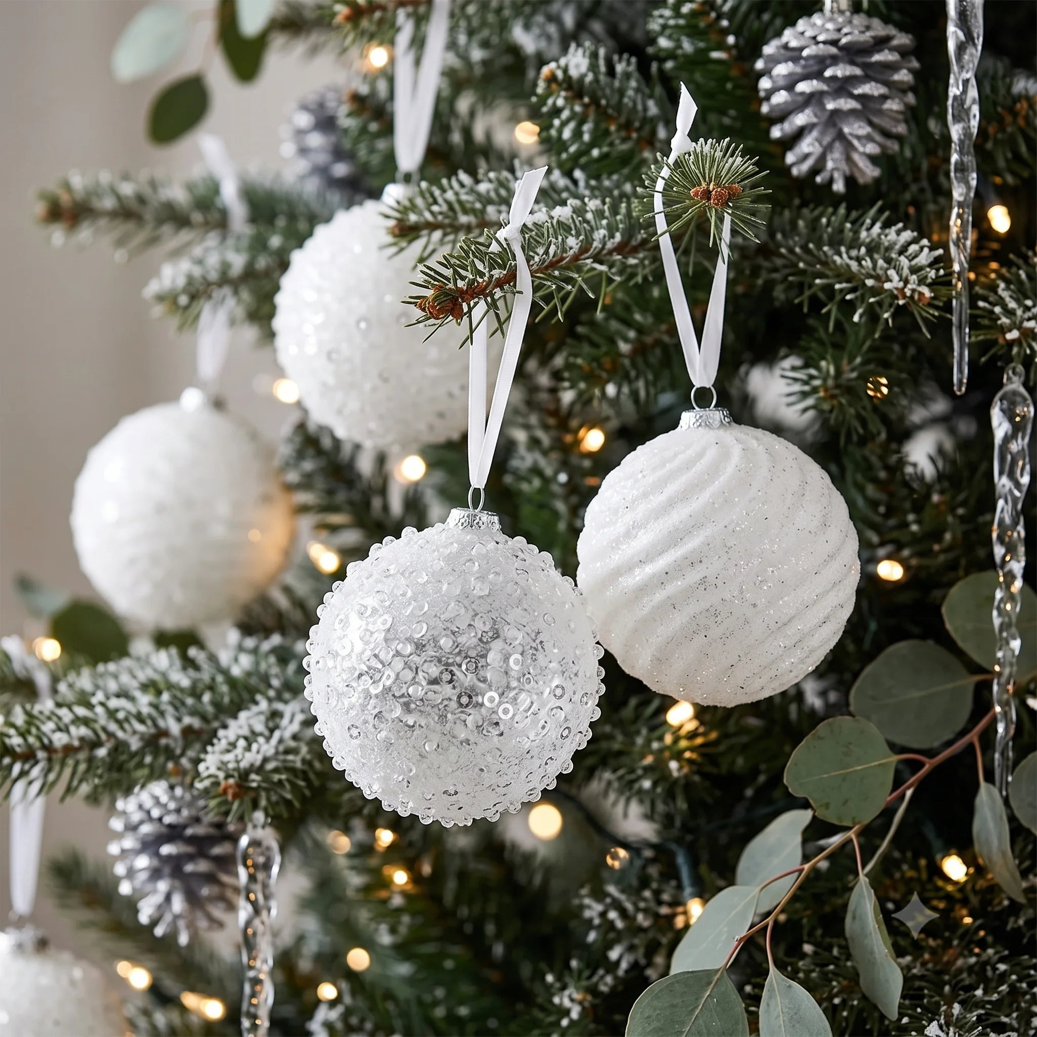 Boules de Noël Blanches Texturées et Pailletées