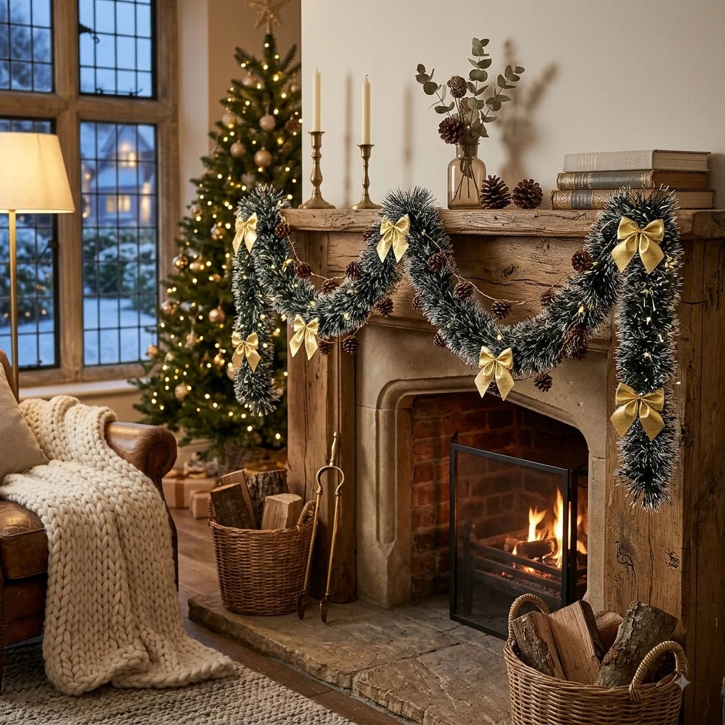 Guirlande Décorative Enneigée à Nœuds Dorés