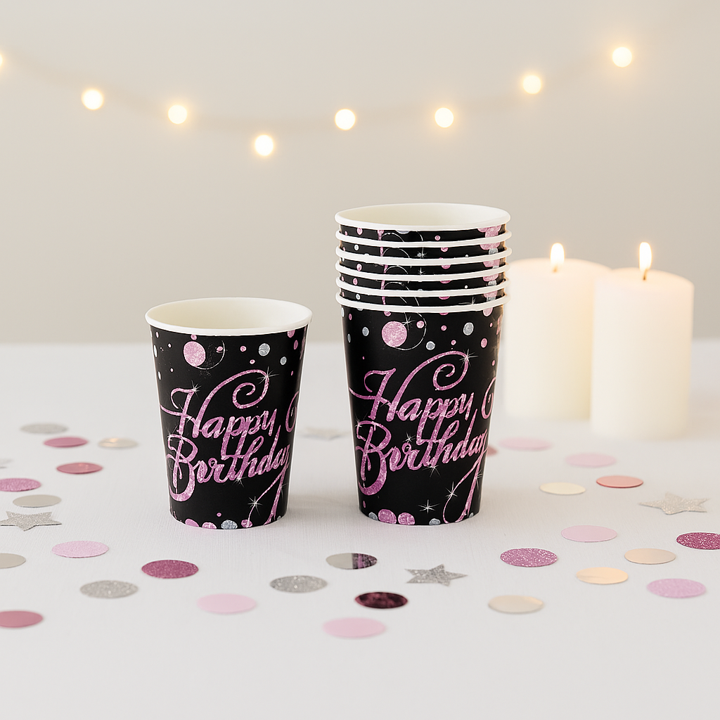 Gobelet Happy Birthday Noir et Rose Elégant