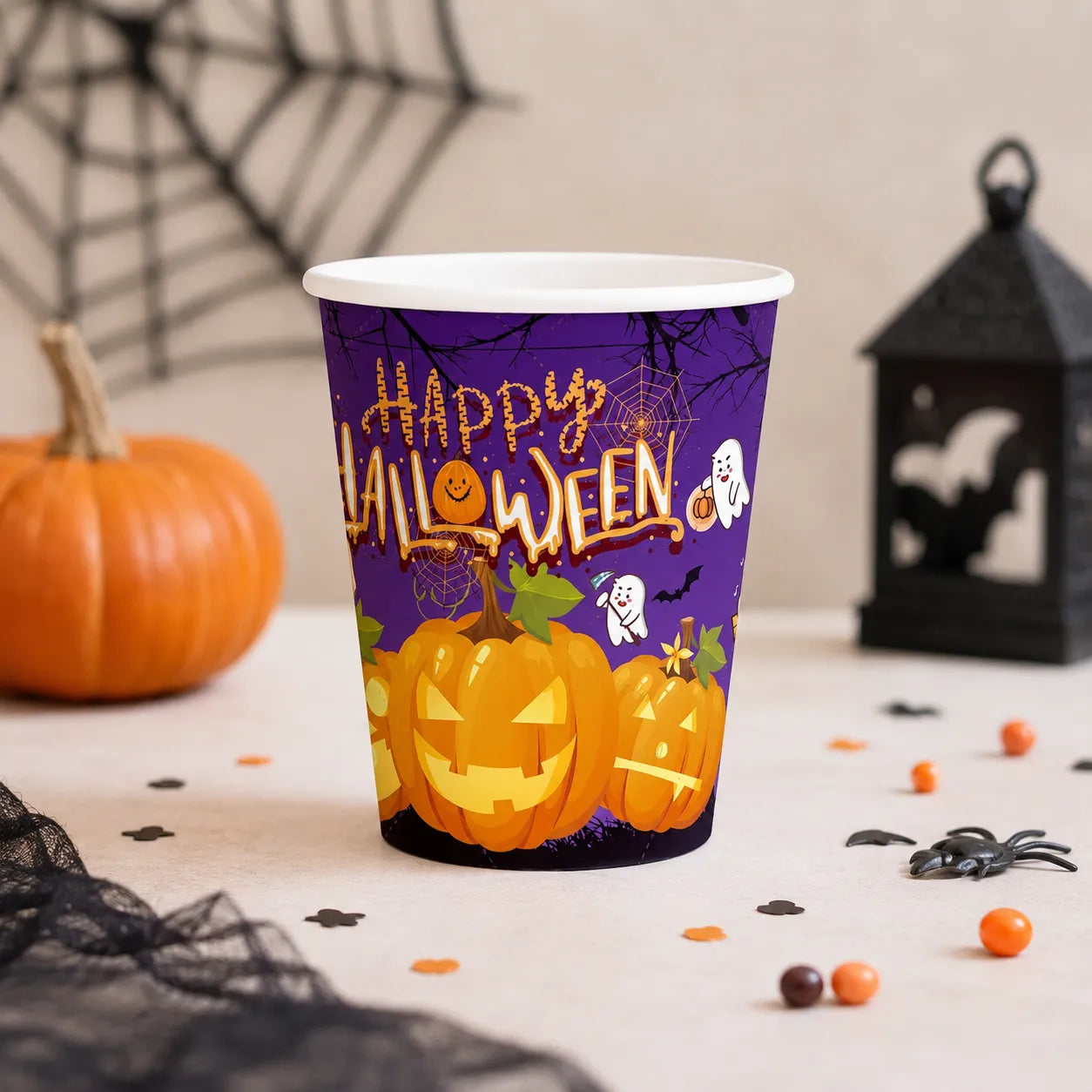 Gobelet Happy Halloween Violet Imprimé Citrouilles Unique