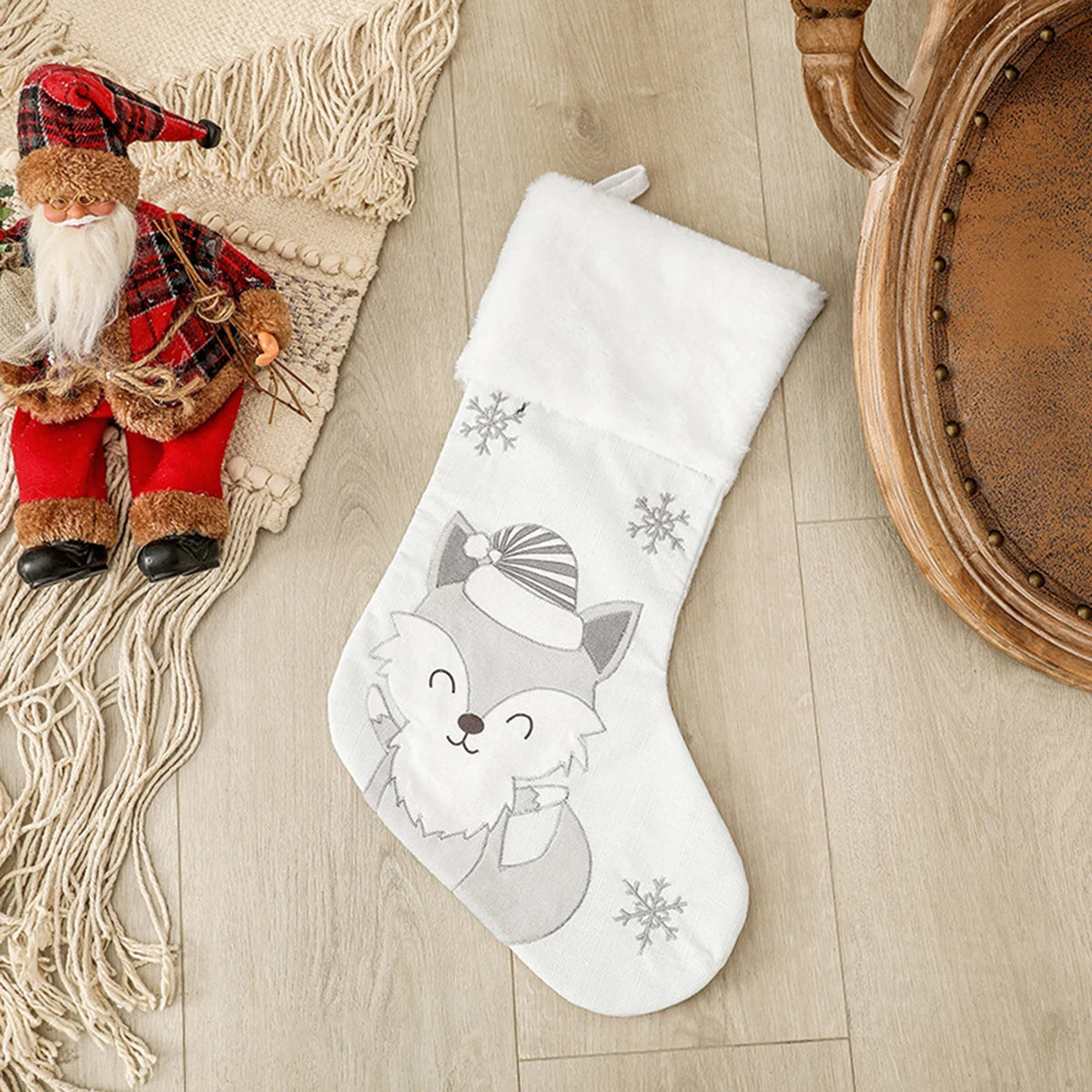 Grande Chaussette de Noël Blanche à Motifs