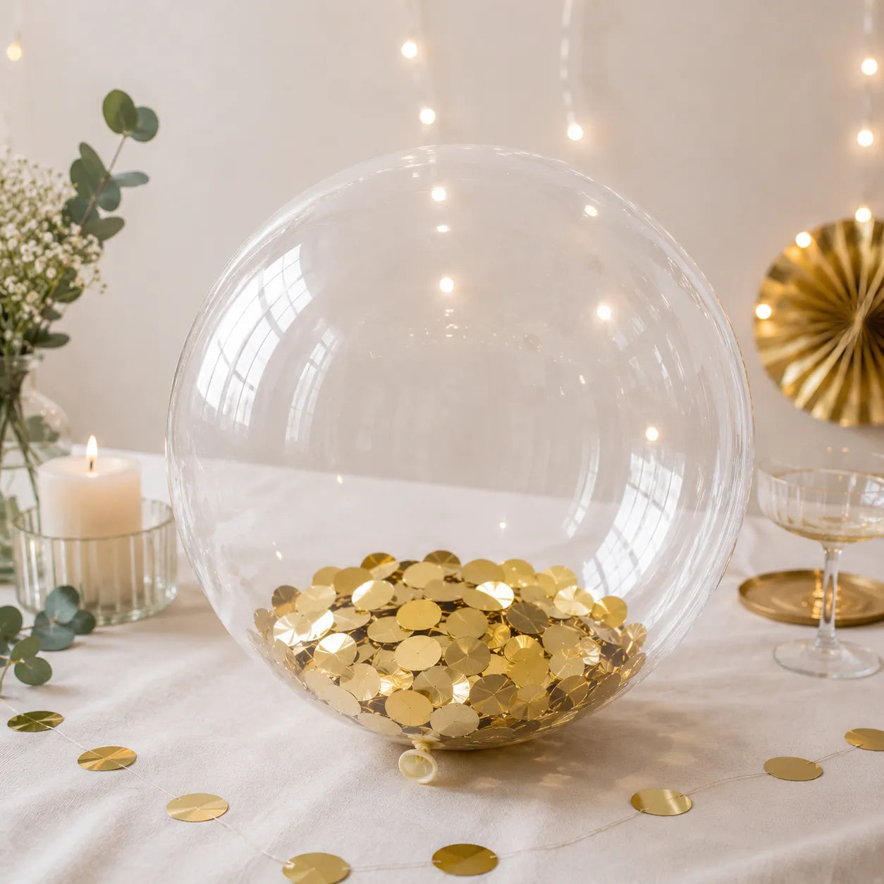Gros Ballon Transparent à Confettis Dorés Pratique