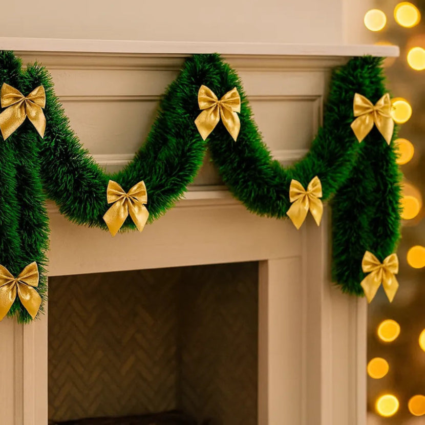 Guirlande Décorative Verte à Nœuds Dorés