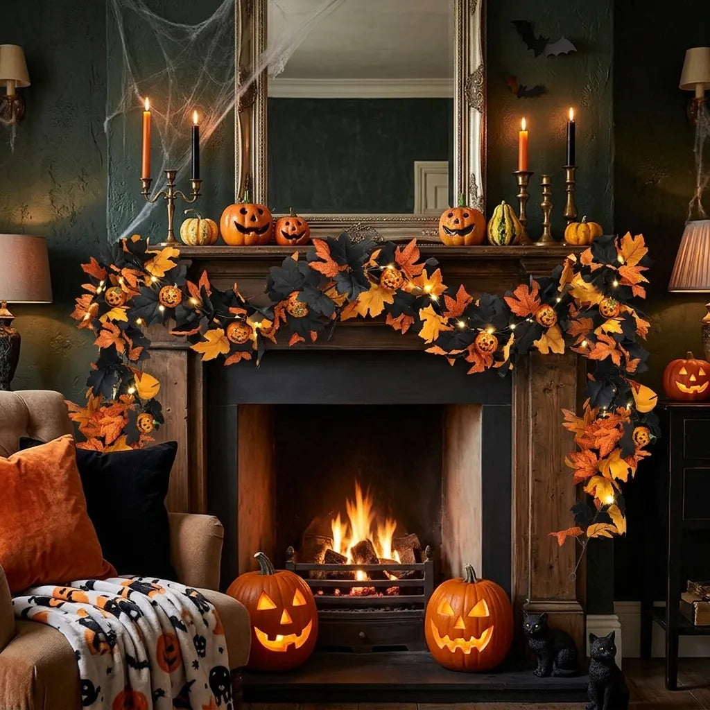 Guirlande Halloween Feuilles Noir et Orange sombre