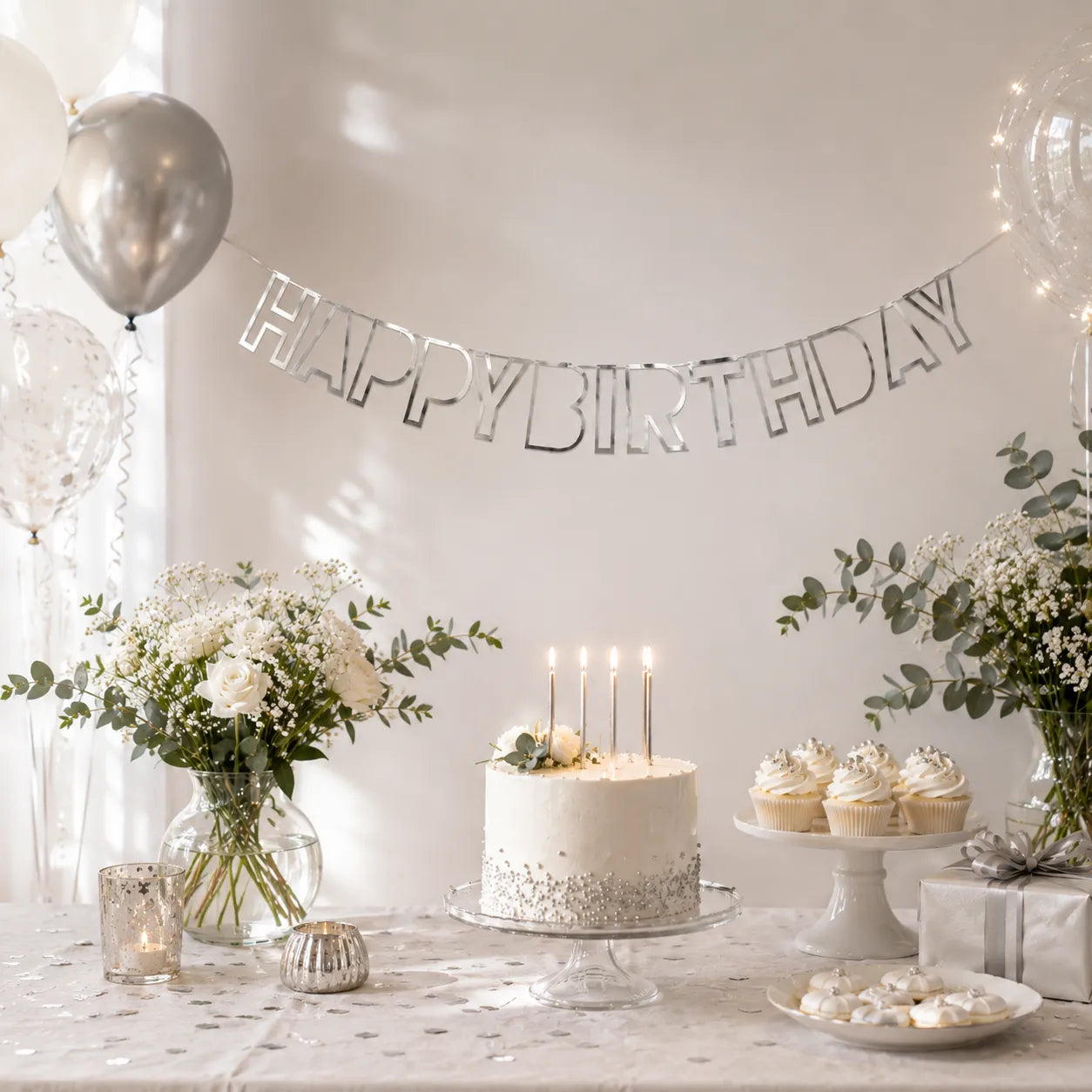 Guirlande Happy Birthday Contour Argenté Moderne