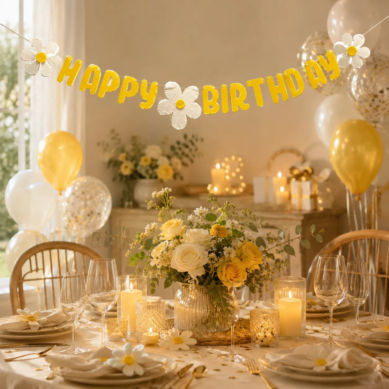 Guirlande Joyeux Anniversaire Fleur Blanche chic