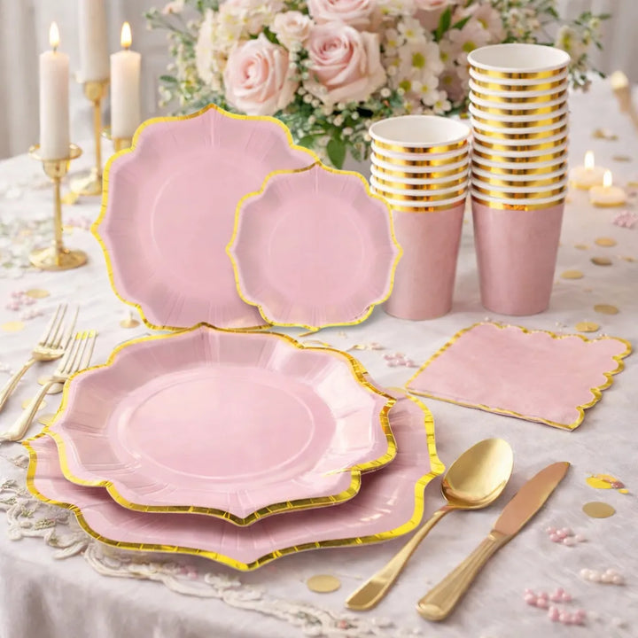 Kit Vaisselle Jetable Mariage Rose et Doré