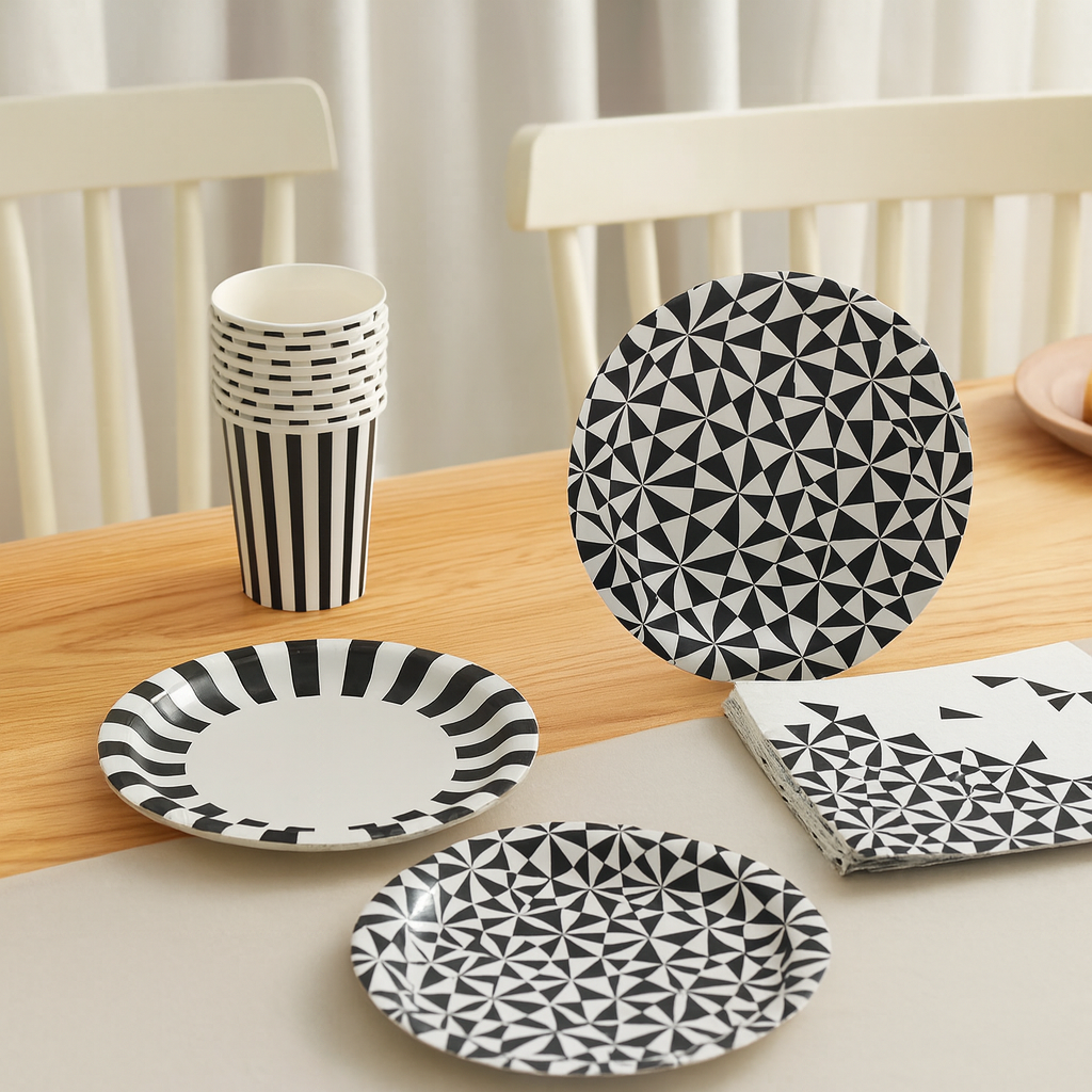 Kit Vaisselle Noir et Blanc Géométrique