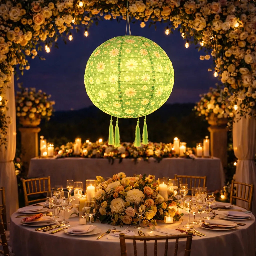 Lampion Mariage Lumineux Vert à Fleurs
